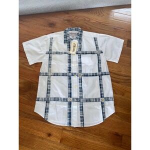 Agapo Collection White Plaid Daisy Patchwork Button Up Shirt Mens Large NWT